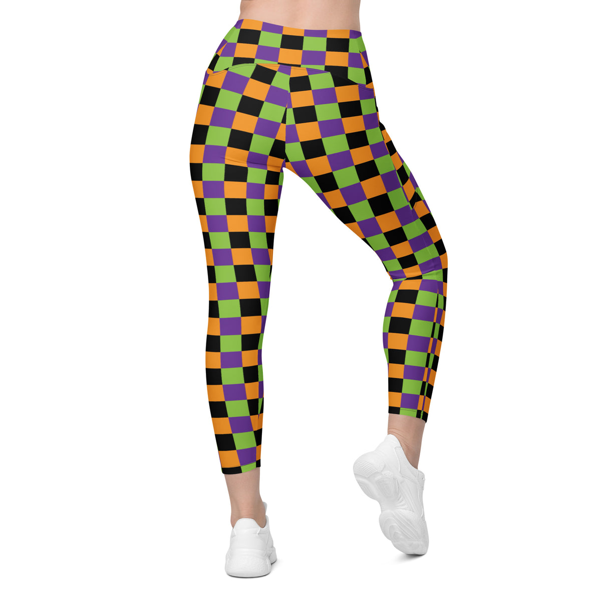 Women’s Colorful Checkered Halloween Yoga Leggings With Pockets – High-Waisted, Soft Compression Active Pants