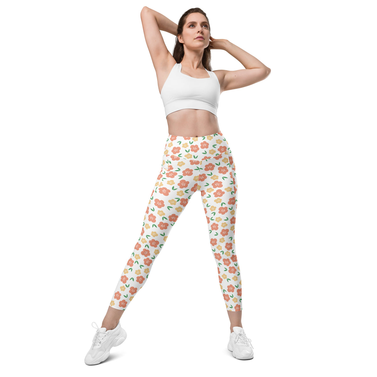 Women’s Orange Floral Yoga Leggings With Pockets – High-Waisted, Soft Compression Active Pants