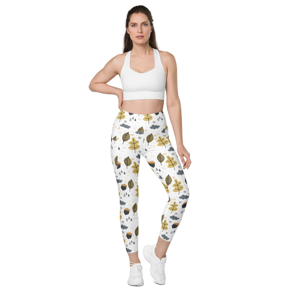 Women’s Fall Leaves & Acorn Yoga Leggings With Pockets – High-Waisted, Soft Compression Active Pants