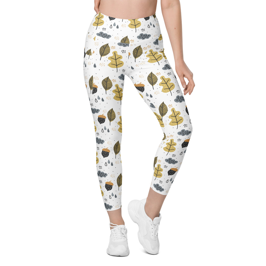 Women’s Fall Leaves & Acorn Yoga Leggings With Pockets – High-Waisted, Soft Compression Active Pants