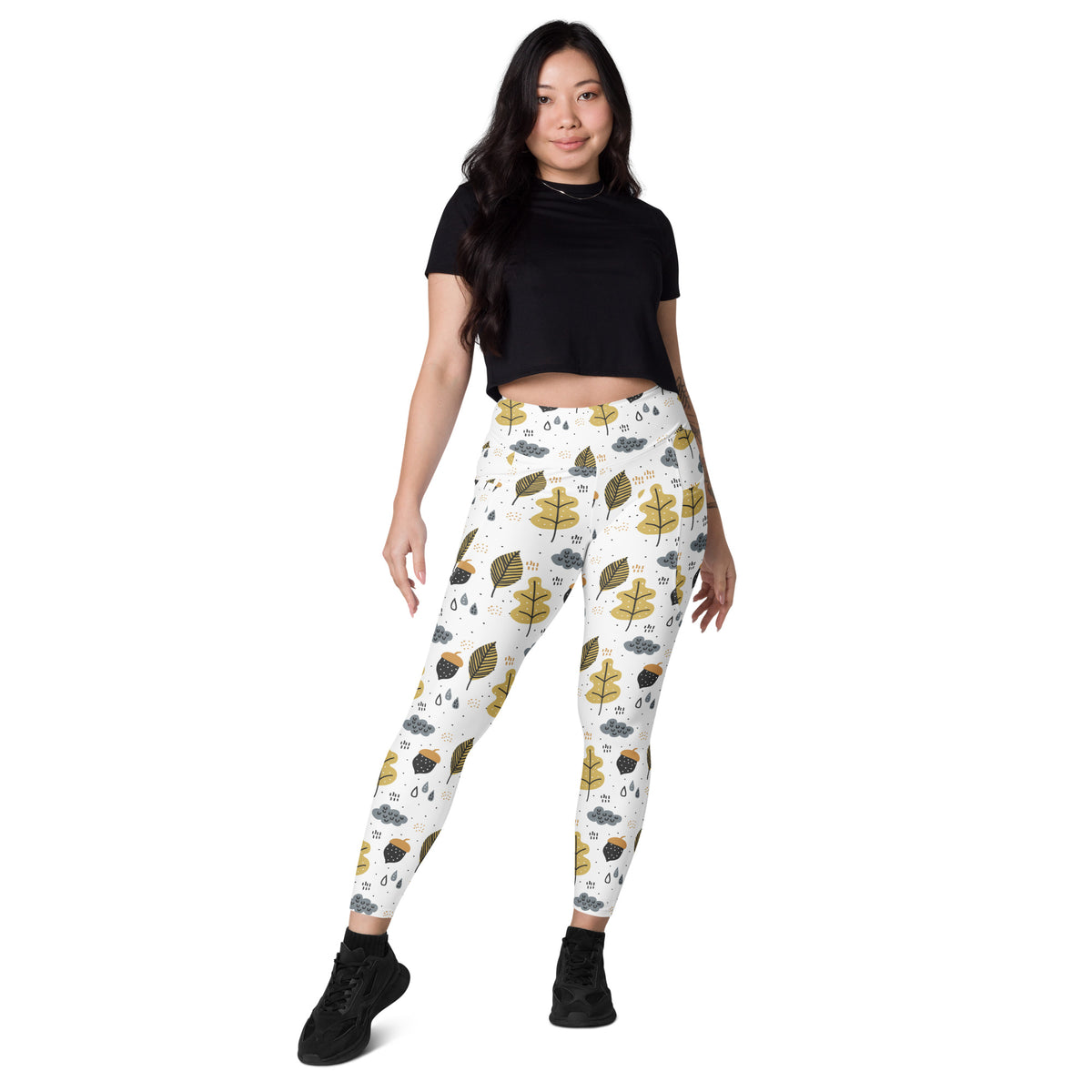 Women’s Fall Leaves & Acorn Yoga Leggings With Pockets – High-Waisted, Soft Compression Active Pants
