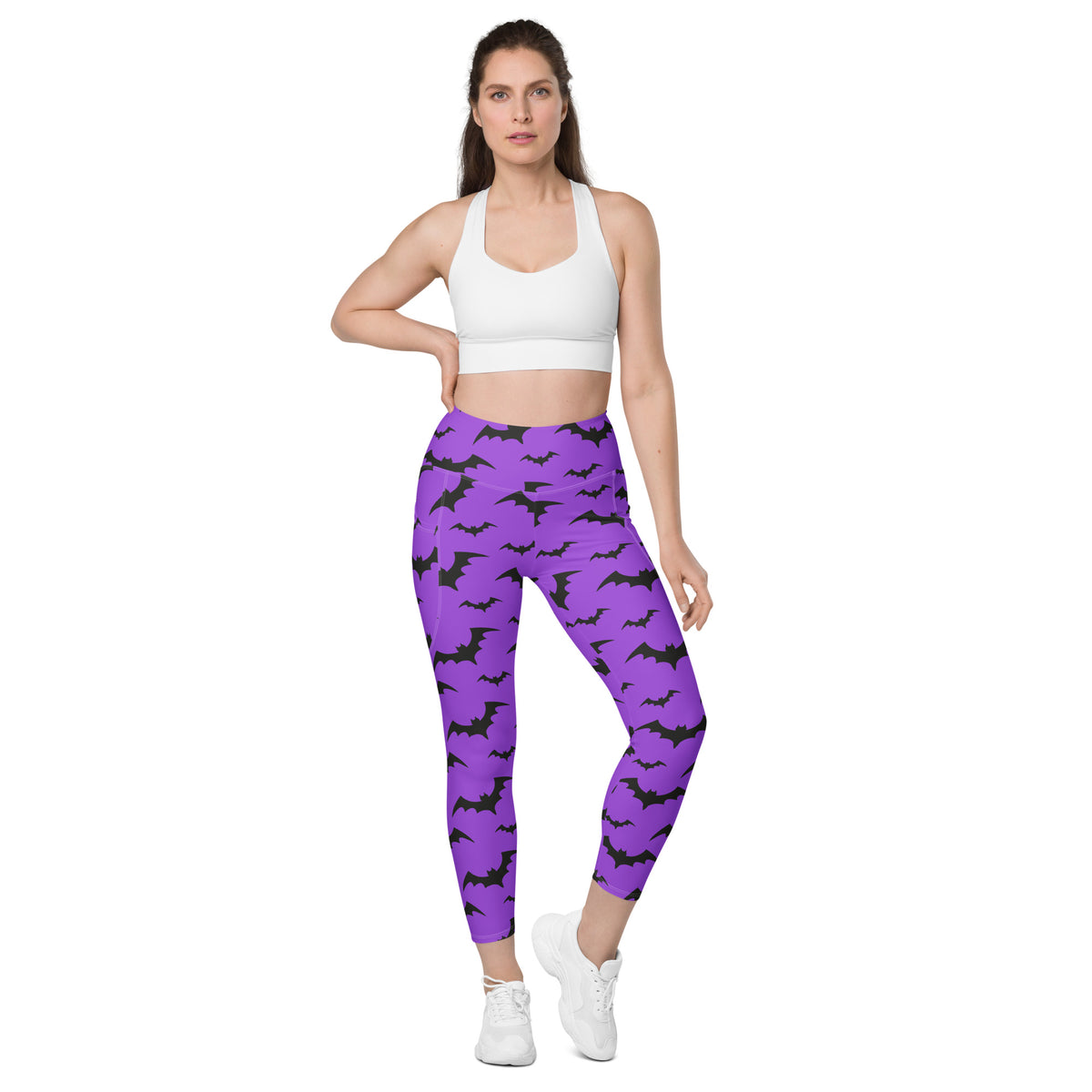 Women’s Purple Bats Halloween Yoga Leggings With Pockets – High-Waisted, Soft Compression Active Pants
