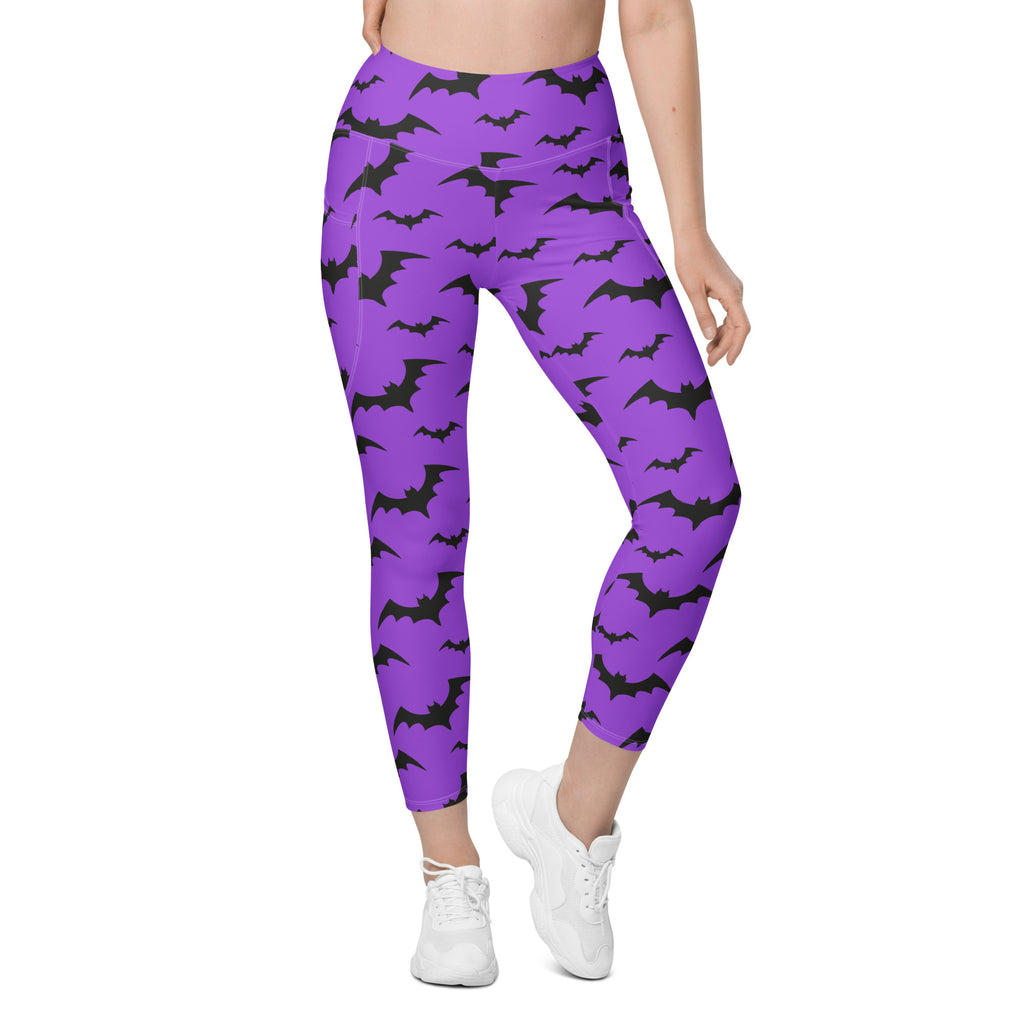 Women’s Purple Bats Halloween Yoga Leggings With Pockets – High-Waisted, Soft Compression Active Pants
