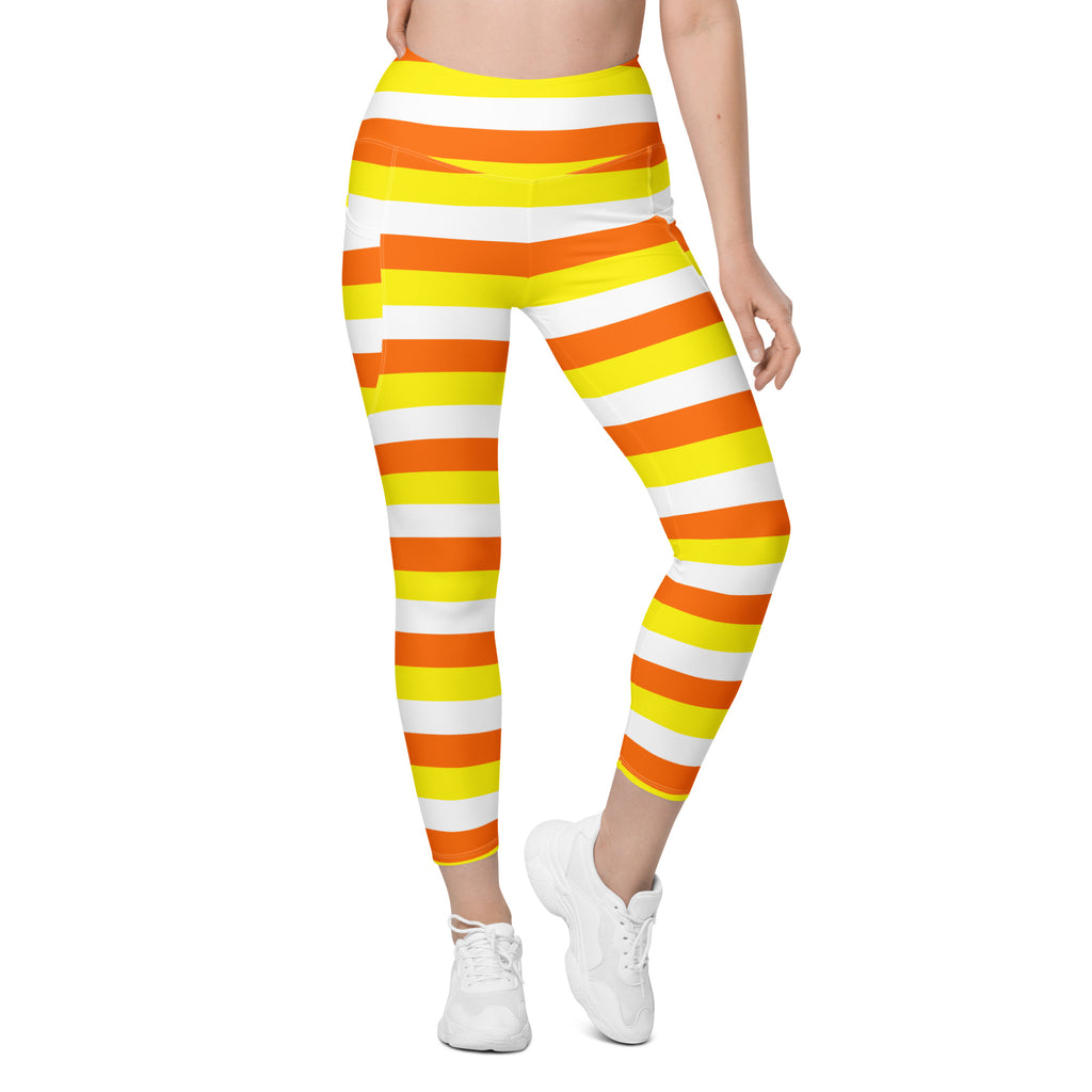 Women’s Candy Corn Stripes Yoga Leggings With Pockets – High-Waisted, Soft Compression Active Pants