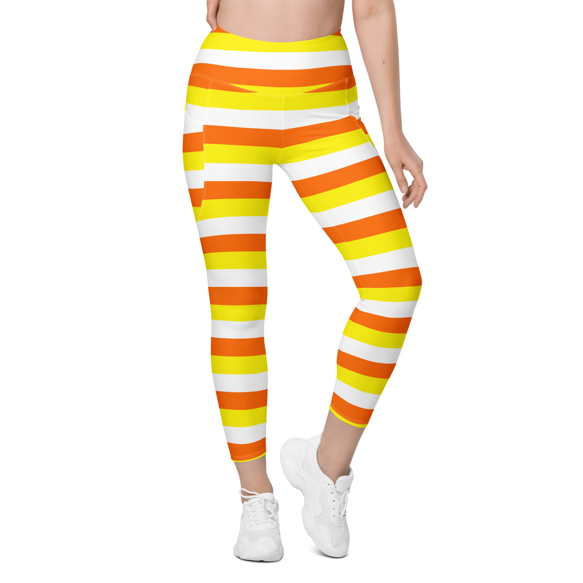 Women’s Candy Corn Stripes Yoga Leggings With Pockets – High-Waisted, Soft Compression Active Pants