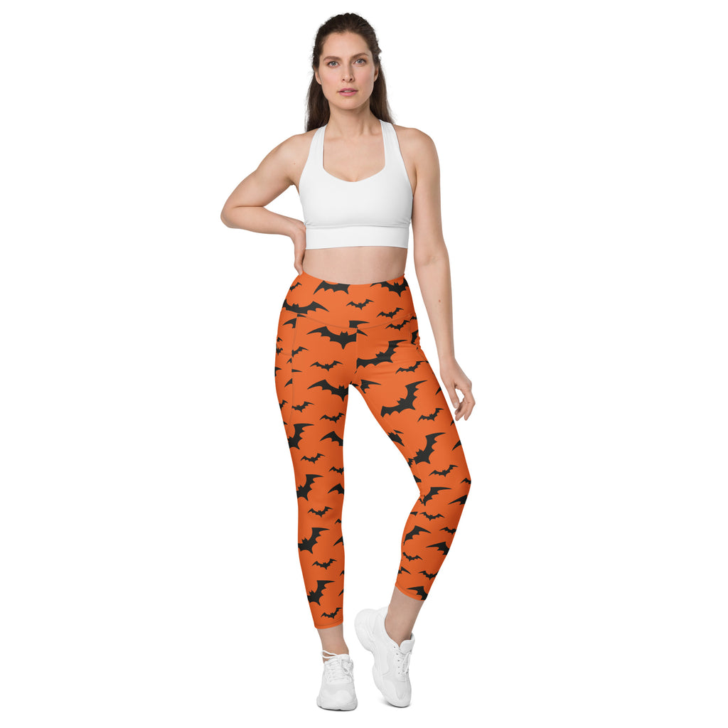 Women’s Orange Bats Halloween Yoga Leggings With Pockets – High-Waisted, Soft Compression Active Pants