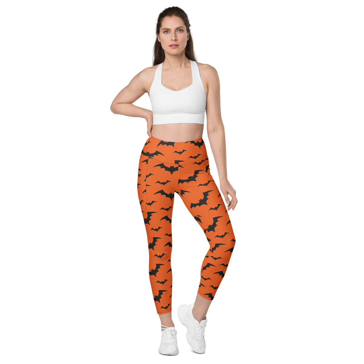 Women’s Orange Bats Halloween Yoga Leggings With Pockets – High-Waisted, Soft Compression Active Pants