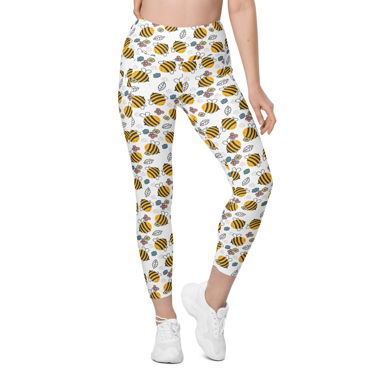 Women’s Happy Yellow Bees Yoga Leggings With Pockets – High-Waisted, Soft Compression Active Pants