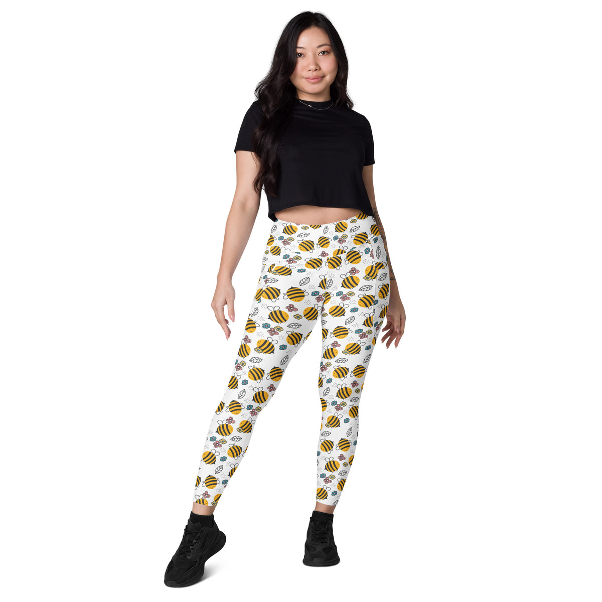 Women’s Happy Yellow Bees Yoga Leggings With Pockets – High-Waisted, Soft Compression Active Pants