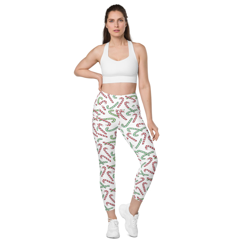 Women’s Red & Green Candy Cane Christmas Yoga Leggings With Pockets – High-Waisted, Soft Compression Active Pants