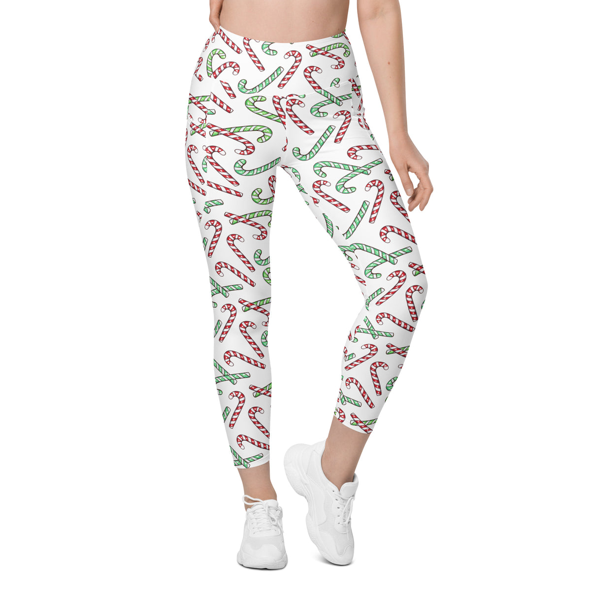 Women’s Red & Green Candy Cane Christmas Yoga Leggings With Pockets – High-Waisted, Soft Compression Active Pants