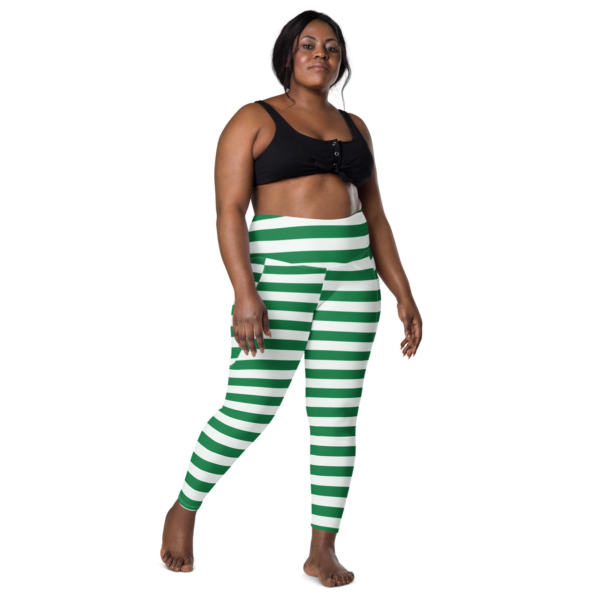 Women’s Striped Green Christmas Yoga Leggings With Pockets – High-Waisted, Soft Compression Active Pants