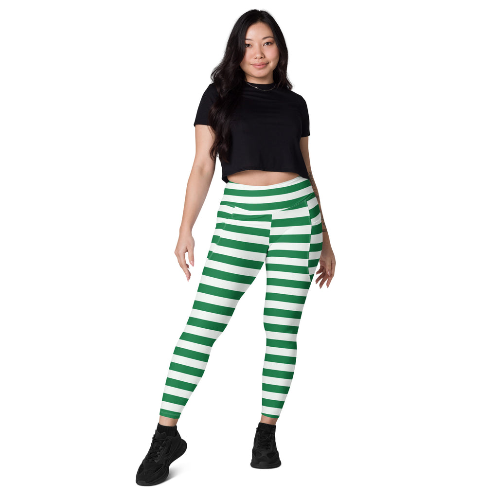 Women’s Striped Green Christmas Yoga Leggings With Pockets – High-Waisted, Soft Compression Active Pants