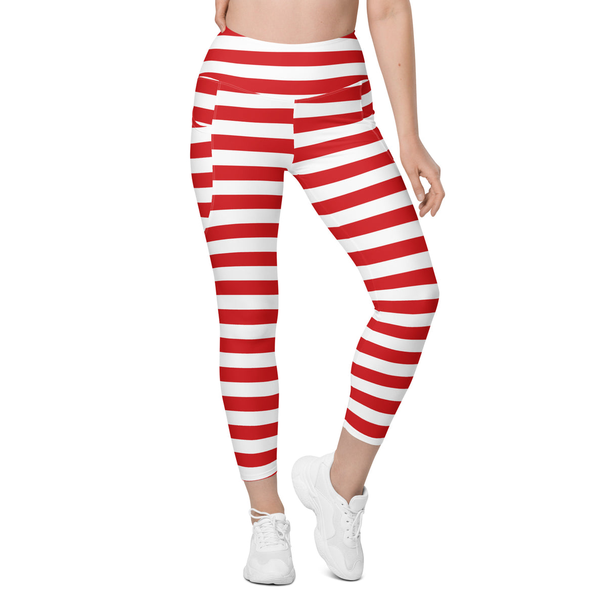 Women’s Striped Red Christmas Yoga Leggings With Pockets – High-Waisted, Soft Compression Active Pants