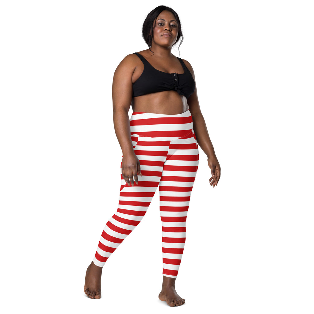 Women’s Striped Red Christmas Yoga Leggings With Pockets – High-Waisted, Soft Compression Active Pants
