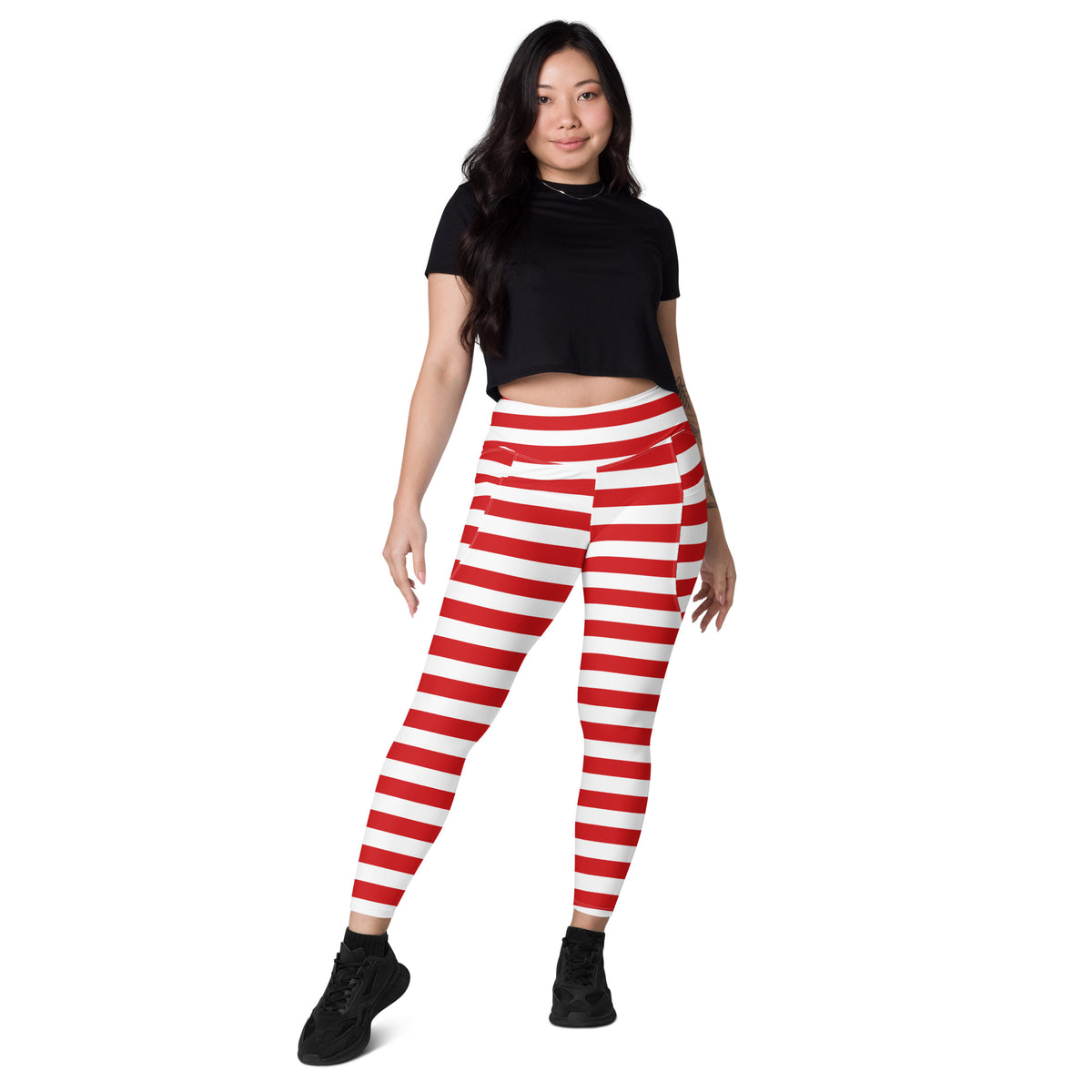 Women’s Striped Red Christmas Yoga Leggings With Pockets – High-Waisted, Soft Compression Active Pants