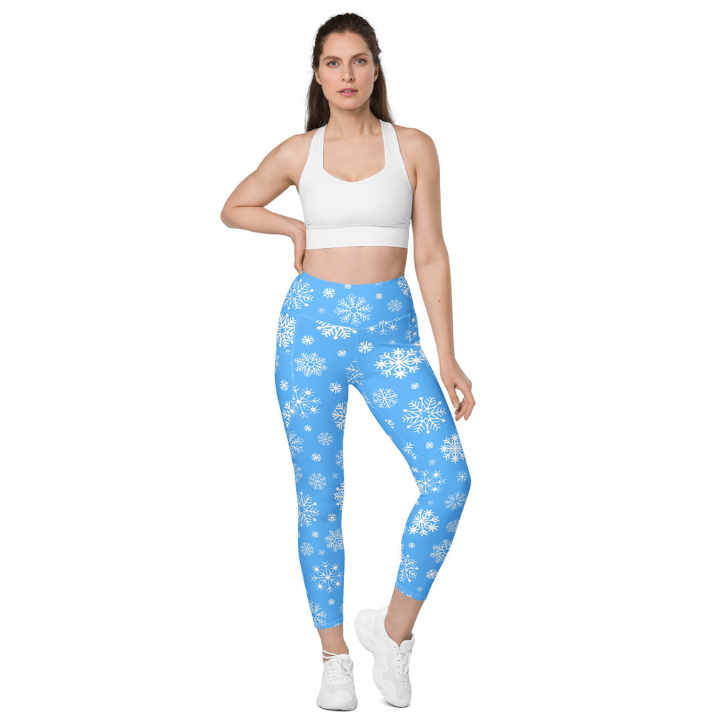 Women’s Blue Snowflake Christmas Yoga Leggings With Pockets – High-Waisted, Soft Compression Active Pants
