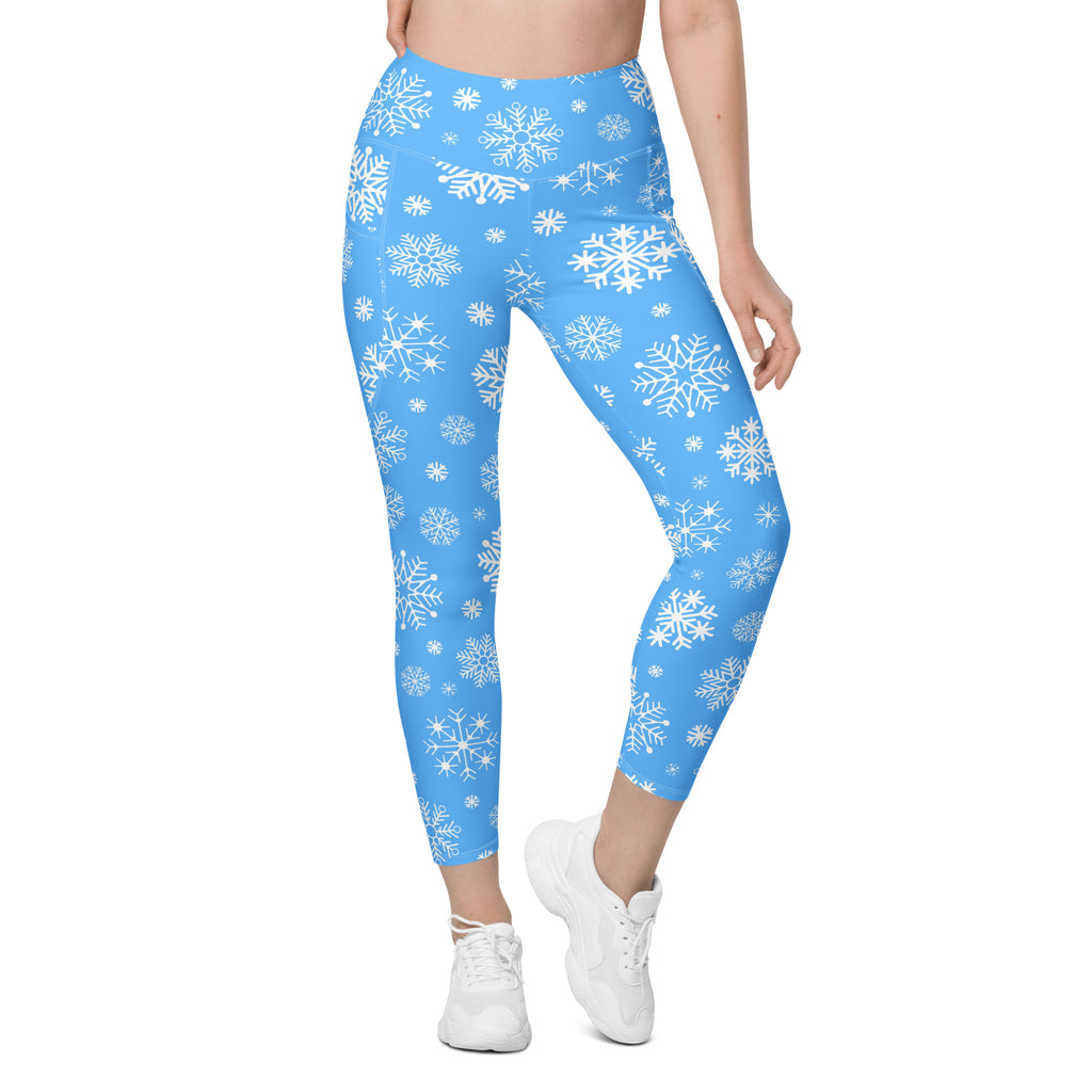 Women’s Blue Snowflake Christmas Yoga Leggings With Pockets – High-Waisted, Soft Compression Active Pants