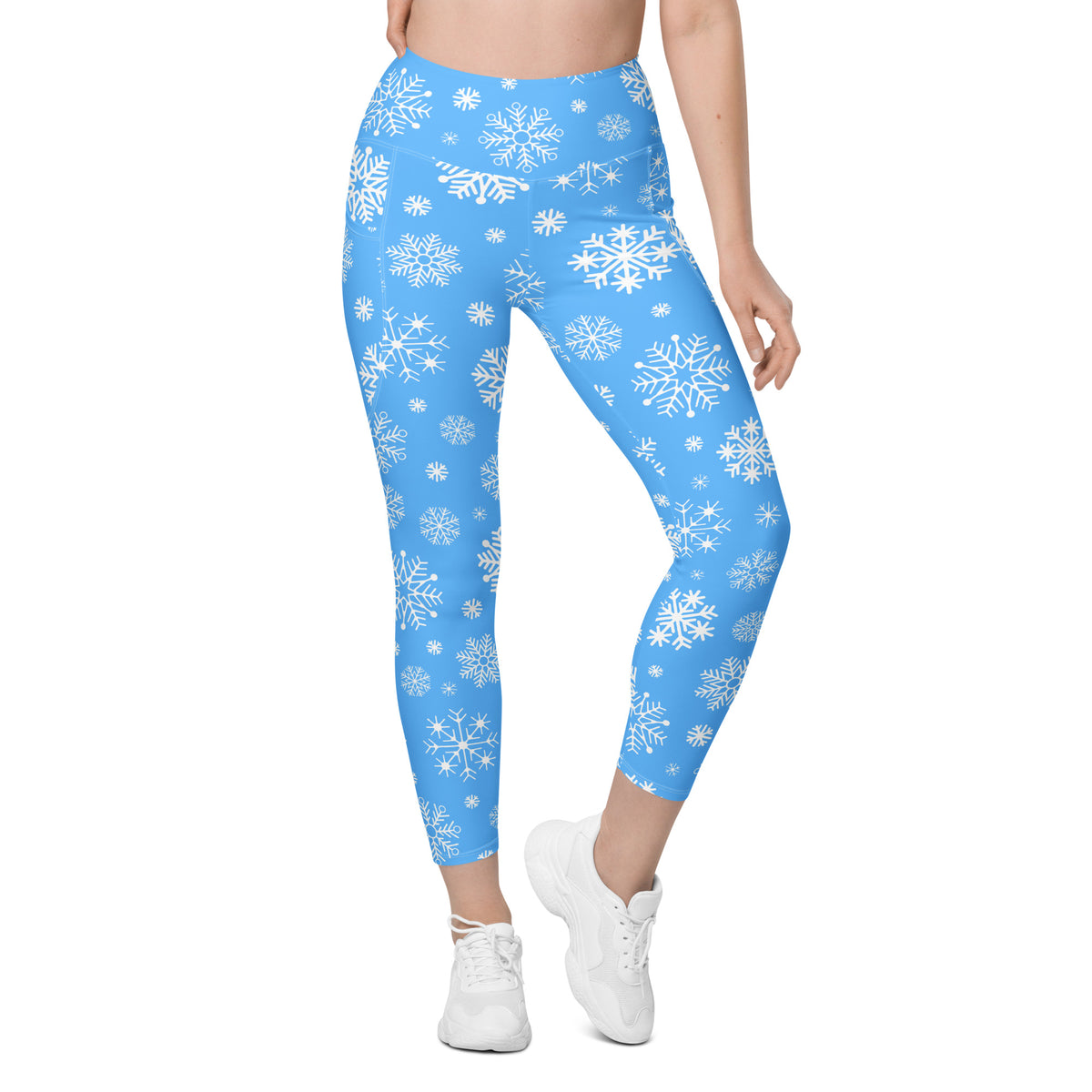 Women’s Blue Snowflake Christmas Yoga Leggings With Pockets – High-Waisted, Soft Compression Active Pants