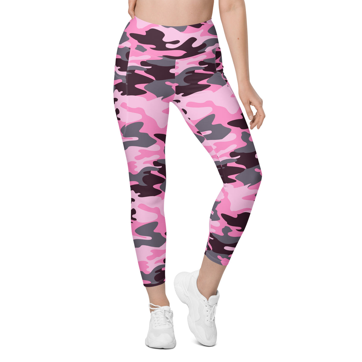 Women’s Pink Camouflage Yoga Leggings With Pockets – High-Waisted, Soft Compression Active Pants