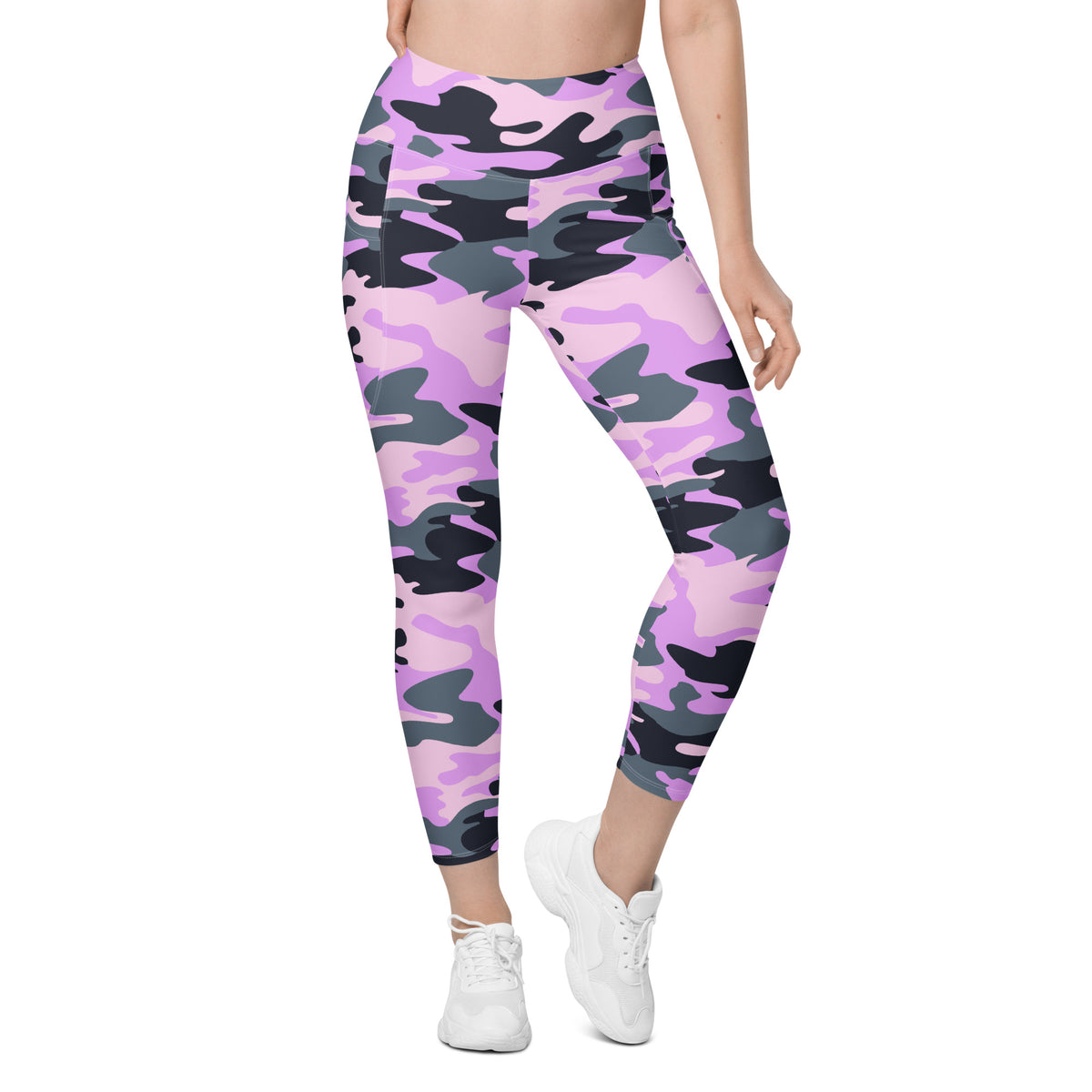 Women’s Purple Camouflage Yoga Leggings With Pockets – High-Waisted, Soft Compression Active Pants