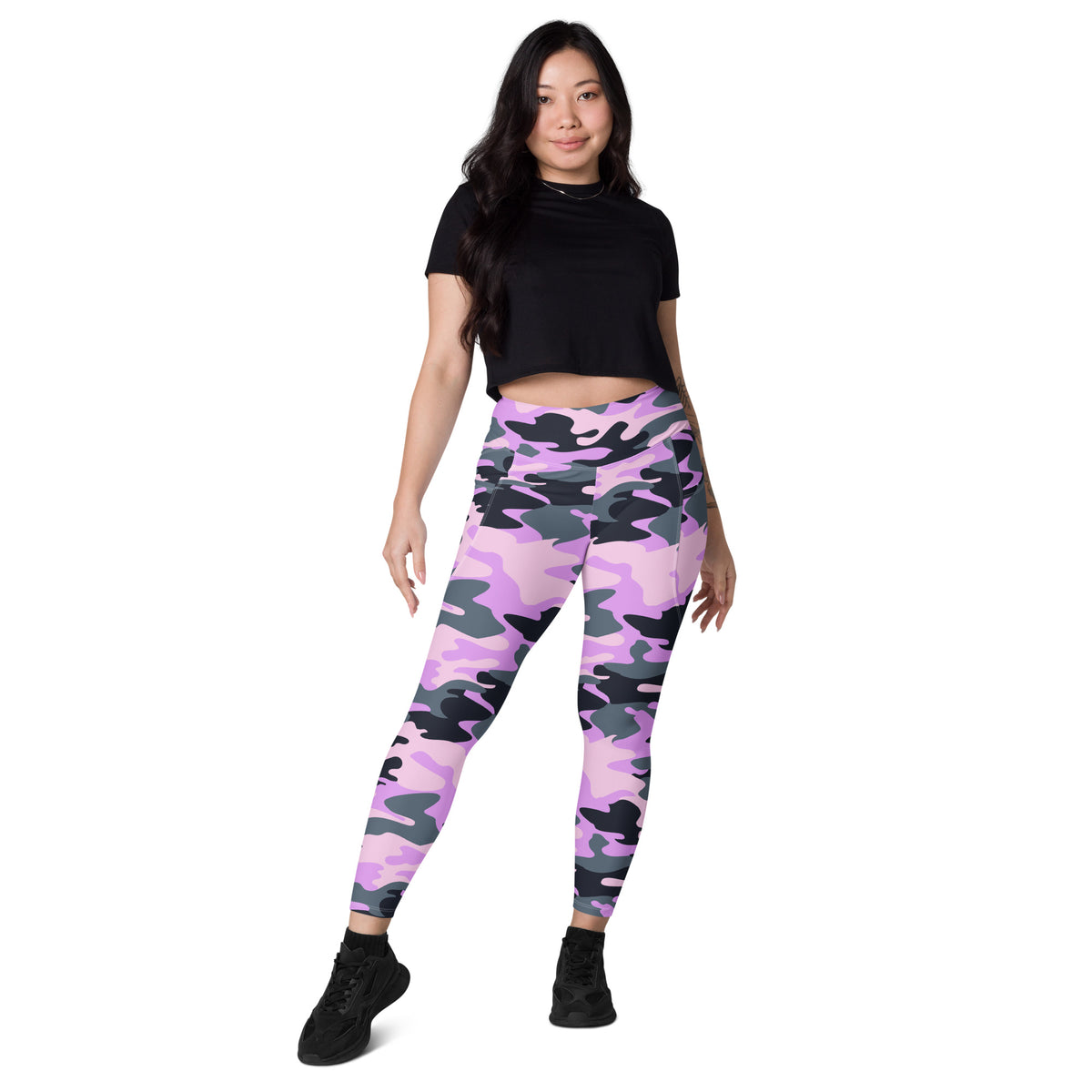 Women’s Purple Camouflage Yoga Leggings With Pockets – High-Waisted, Soft Compression Active Pants
