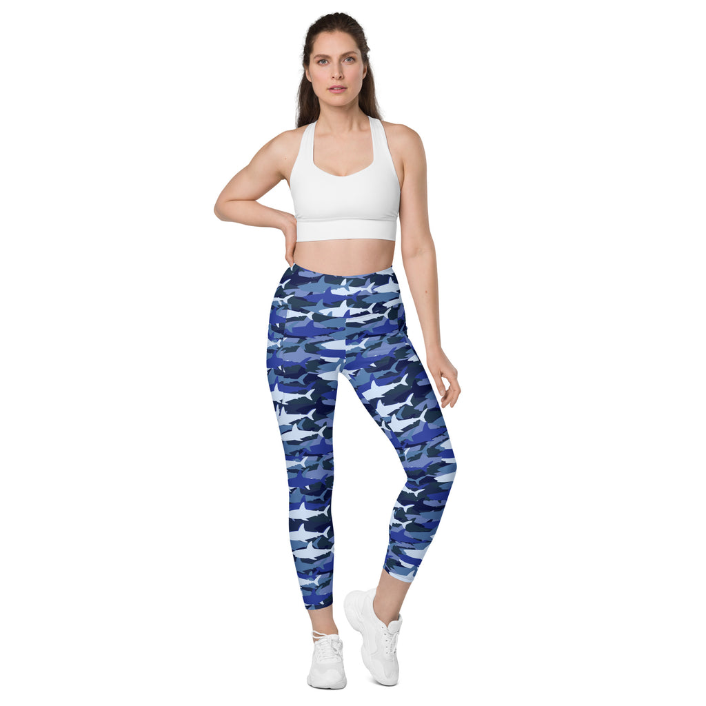 Women’s Blue Shark Camouflage Yoga Leggings With Pockets – High-Waisted, Soft Compression Active Pants