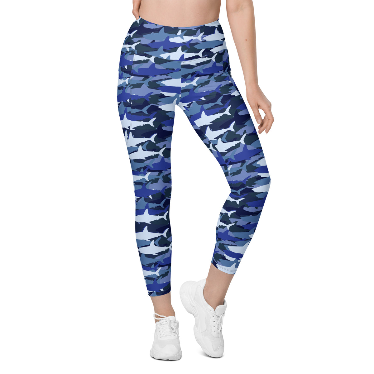 Women’s Blue Shark Camouflage Yoga Leggings With Pockets – High-Waisted, Soft Compression Active Pants