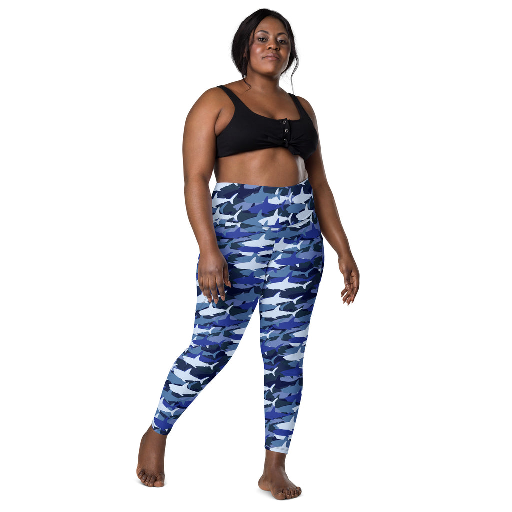 Women’s Blue Shark Camouflage Yoga Leggings With Pockets – High-Waisted, Soft Compression Active Pants