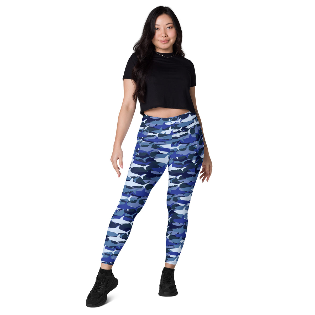 Women’s Blue Shark Camouflage Yoga Leggings With Pockets – High-Waisted, Soft Compression Active Pants