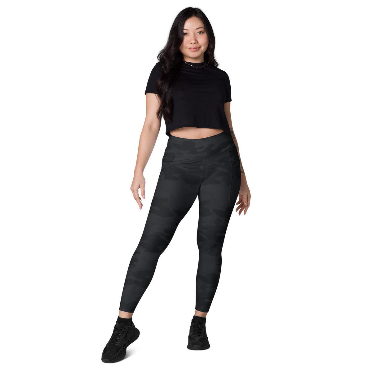 Women’s Black Camouflage Yoga Leggings With Pockets – High-Waisted, Soft Compression Active Pants