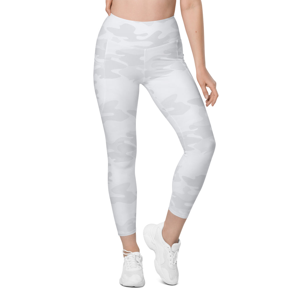 Women’s White Camouflage Yoga Leggings With Pockets – High-Waisted, Soft Compression Active Pants
