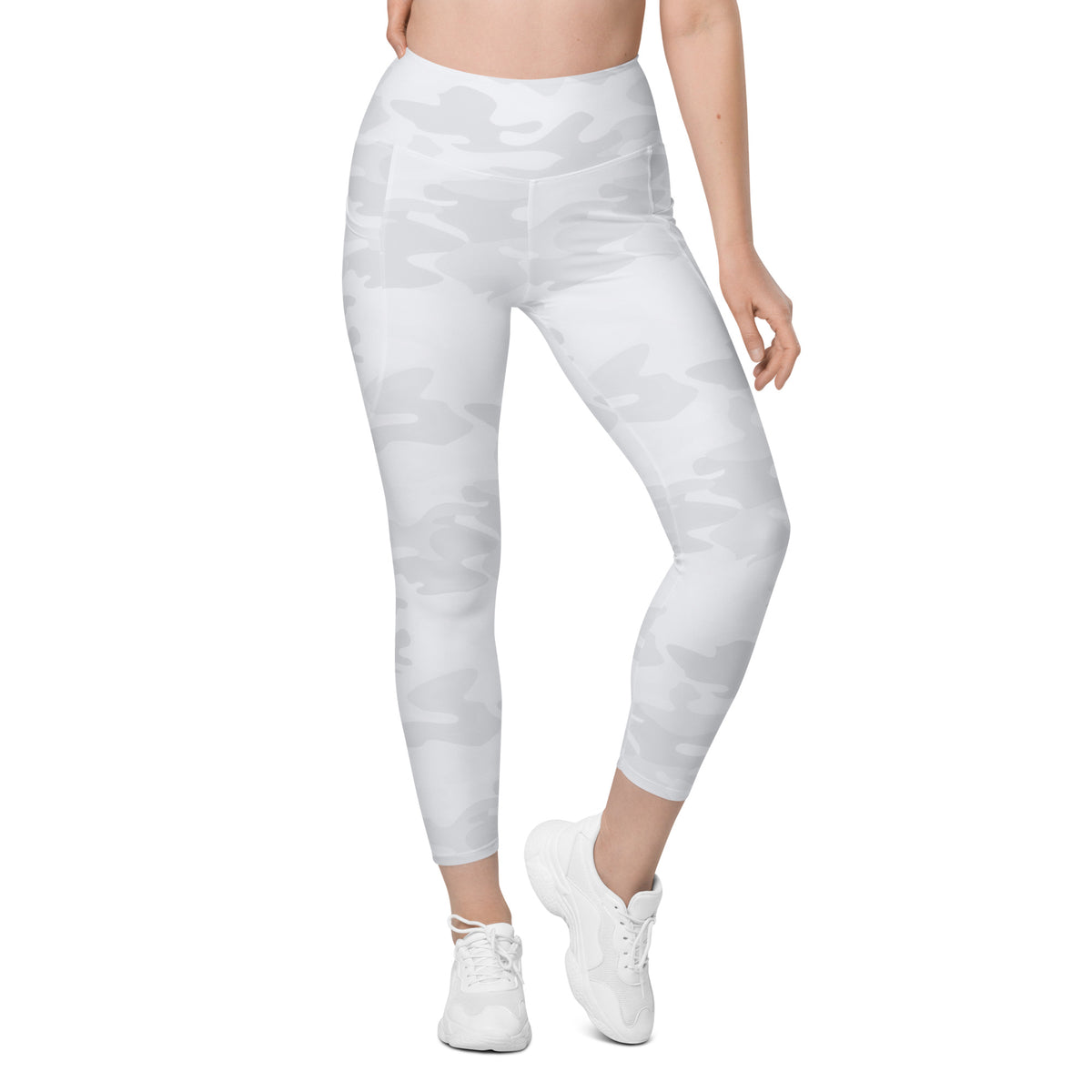 Women’s White Camouflage Yoga Leggings With Pockets – High-Waisted, Soft Compression Active Pants