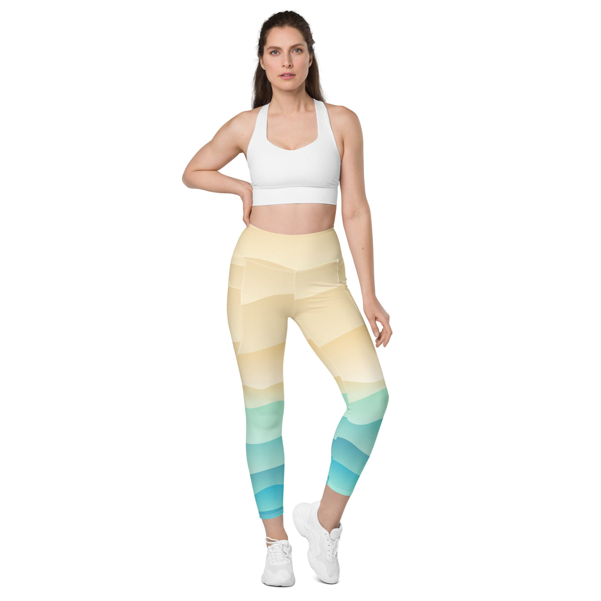 Women’s Pastel Beach Sunset Yoga Leggings With Pockets – High-Waisted, Soft Compression Active Pants