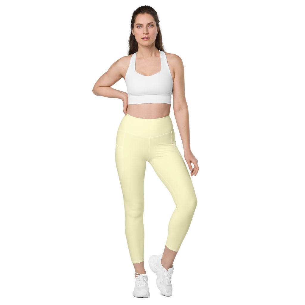 Women’s Cream Yellow Yoga Leggings With Pockets – High-Waisted, Soft Compression Active Pants