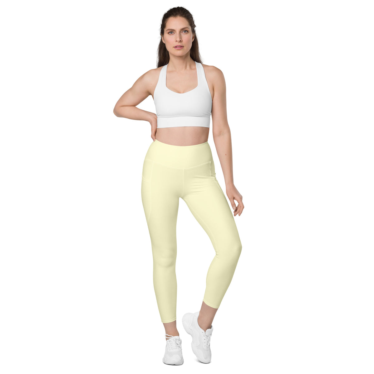 Women’s Cream Yellow Yoga Leggings With Pockets – High-Waisted, Soft Compression Active Pants
