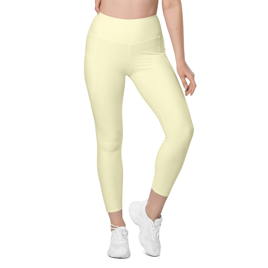Women’s Cream Yellow Yoga Leggings With Pockets – High-Waisted, Soft Compression Active Pants