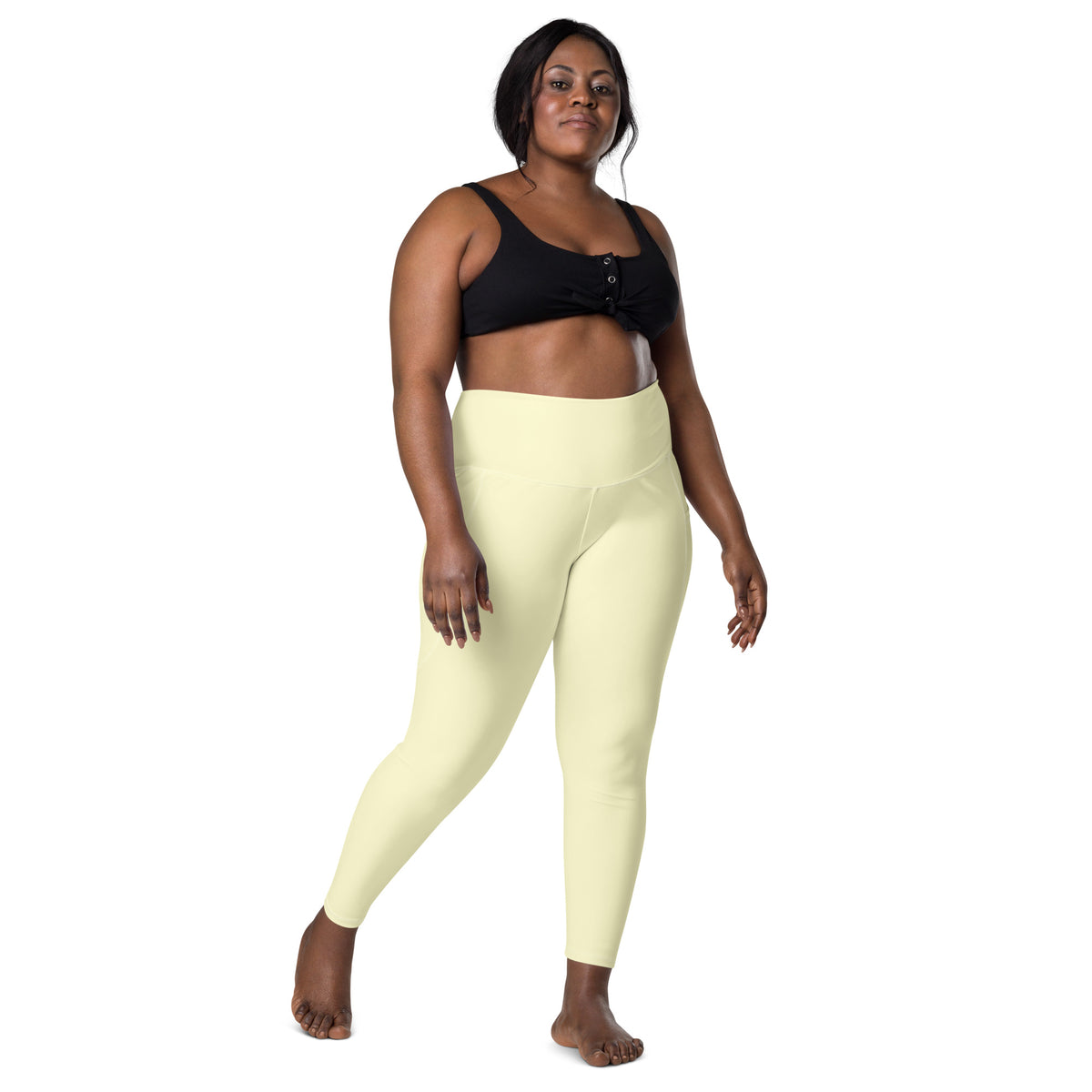 Women’s Cream Yellow Yoga Leggings With Pockets – High-Waisted, Soft Compression Active Pants