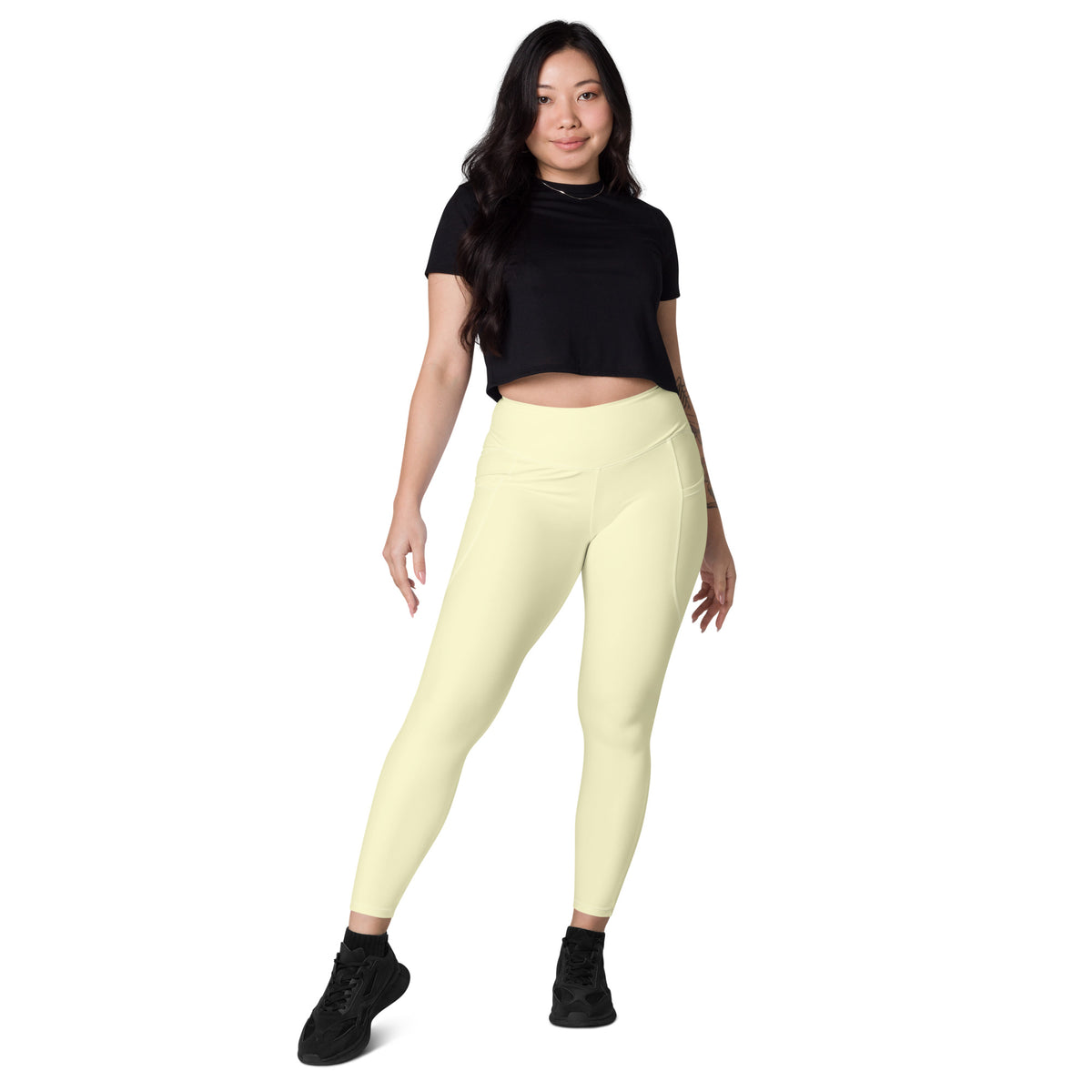 Women’s Cream Yellow Yoga Leggings With Pockets – High-Waisted, Soft Compression Active Pants