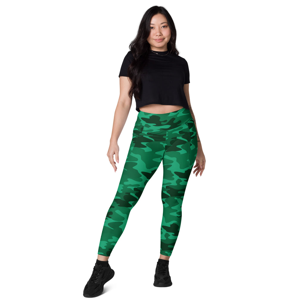 Women’s Green Camouflage Yoga Leggings With Pockets – High-Waisted, Soft Compression Active Pants