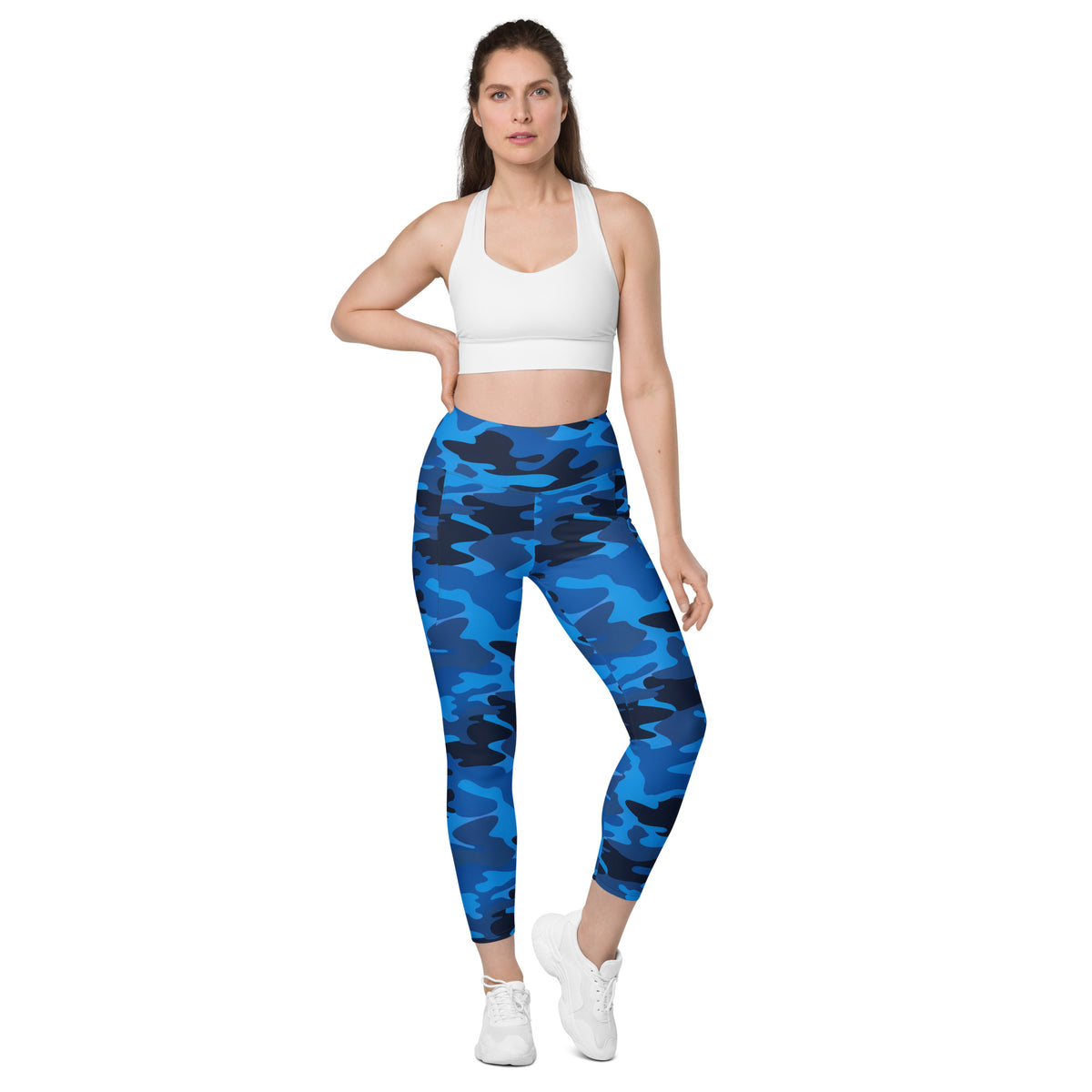 Women’s Blue Camouflage Yoga Leggings With Pockets – High-Waisted, Soft Compression Active Pants