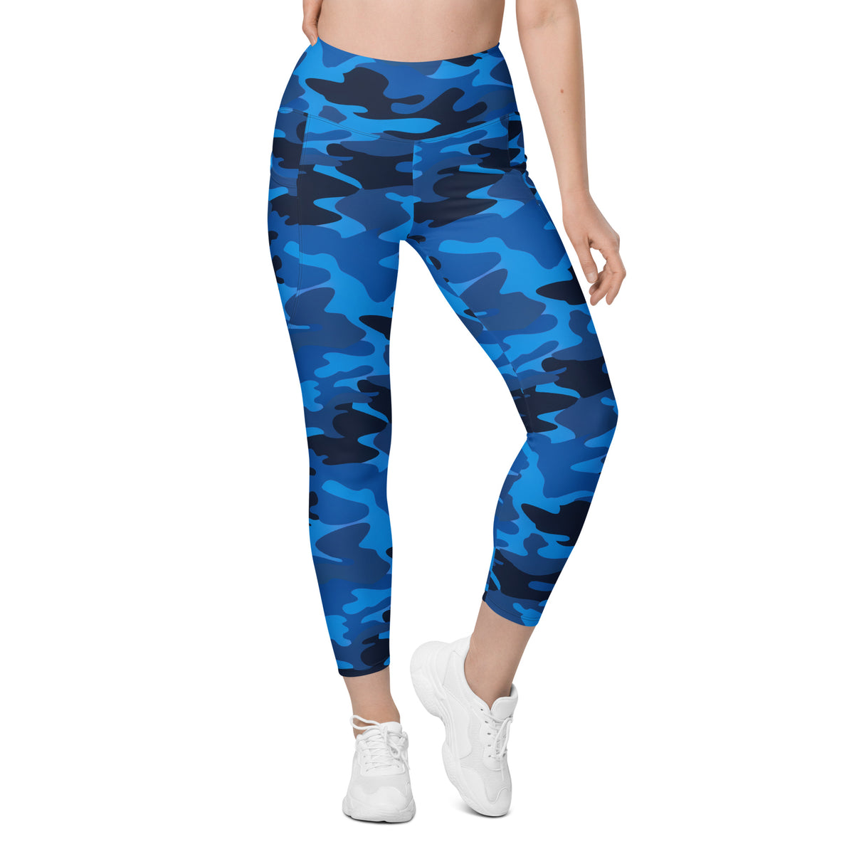 Women’s Blue Camouflage Yoga Leggings With Pockets – High-Waisted, Soft Compression Active Pants