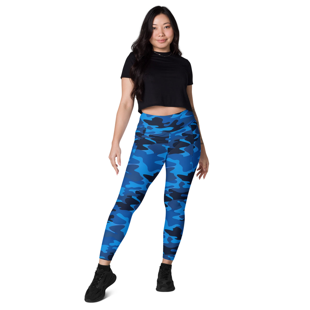 Women’s Blue Camouflage Yoga Leggings With Pockets – High-Waisted, Soft Compression Active Pants