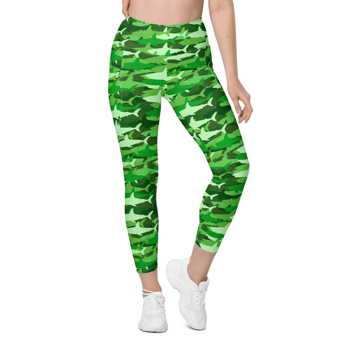 Women’s Green Shark Camouflage Yoga Leggings With Pockets – High-Waisted, Soft Compression Active Pants