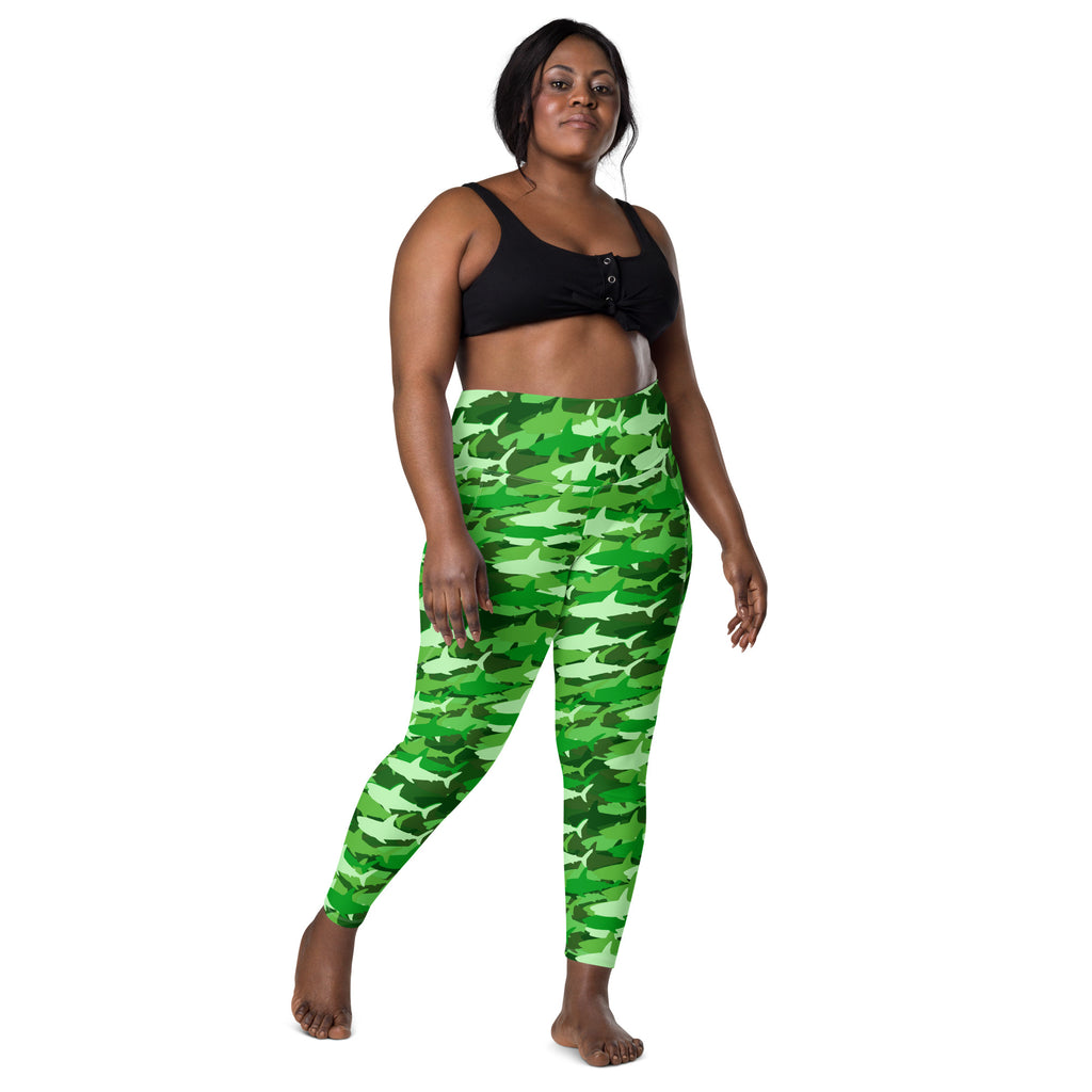 Women’s Green Shark Camouflage Yoga Leggings With Pockets – High-Waisted, Soft Compression Active Pants