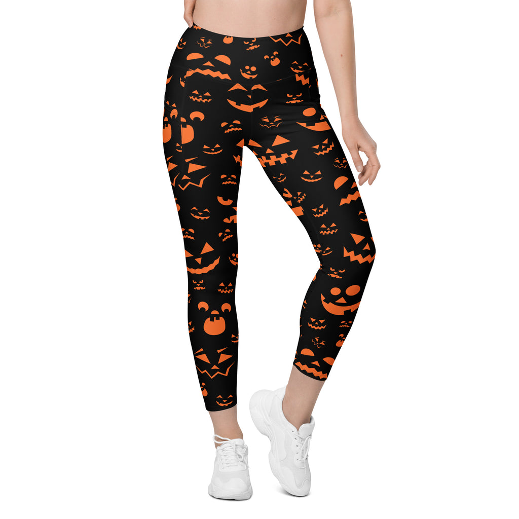 Women’s Orange Jack O’ Lantern Faces Halloween Yoga Leggings With Pockets – High-Waisted, Soft Compression Active Pants