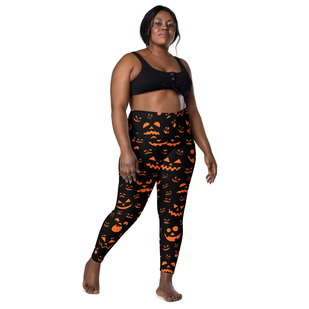 Women’s Orange Jack O’ Lantern Faces Halloween Yoga Leggings With Pockets – High-Waisted, Soft Compression Active Pants