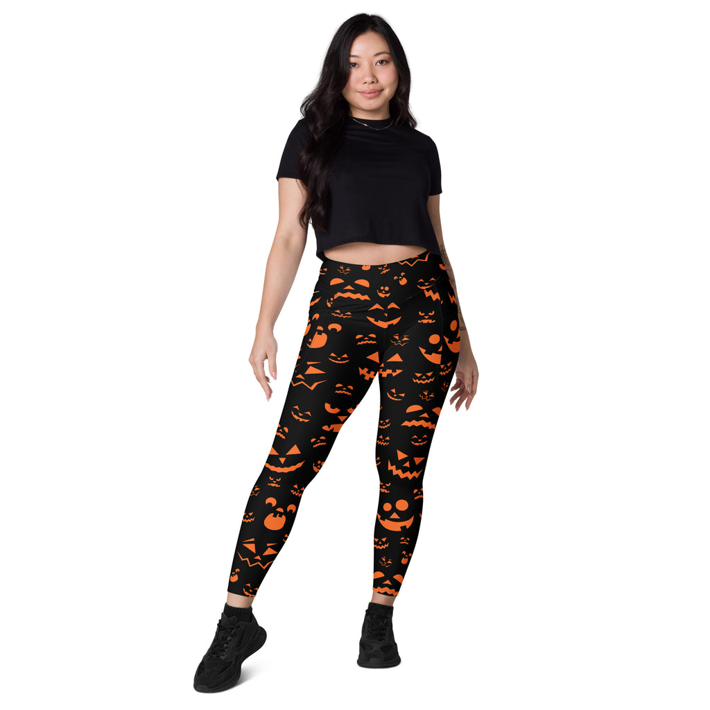Women’s Orange Jack O’ Lantern Faces Halloween Yoga Leggings With Pockets – High-Waisted, Soft Compression Active Pants