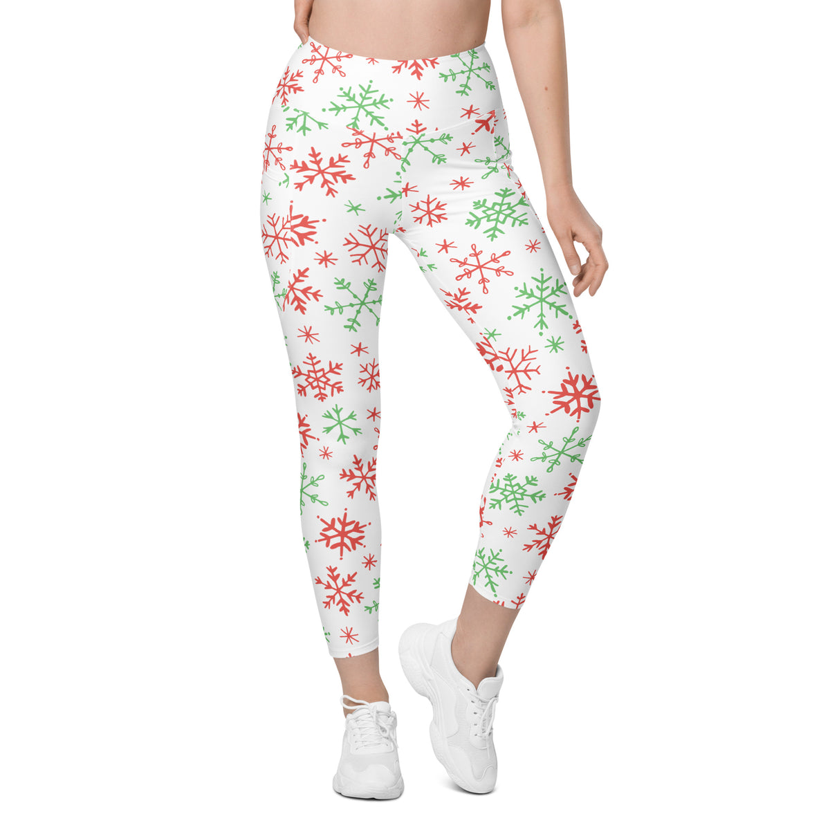 Women’s Red & Green Snowflake Christmas Yoga Leggings With Pockets – High-Waisted, Soft Compression Active Pants