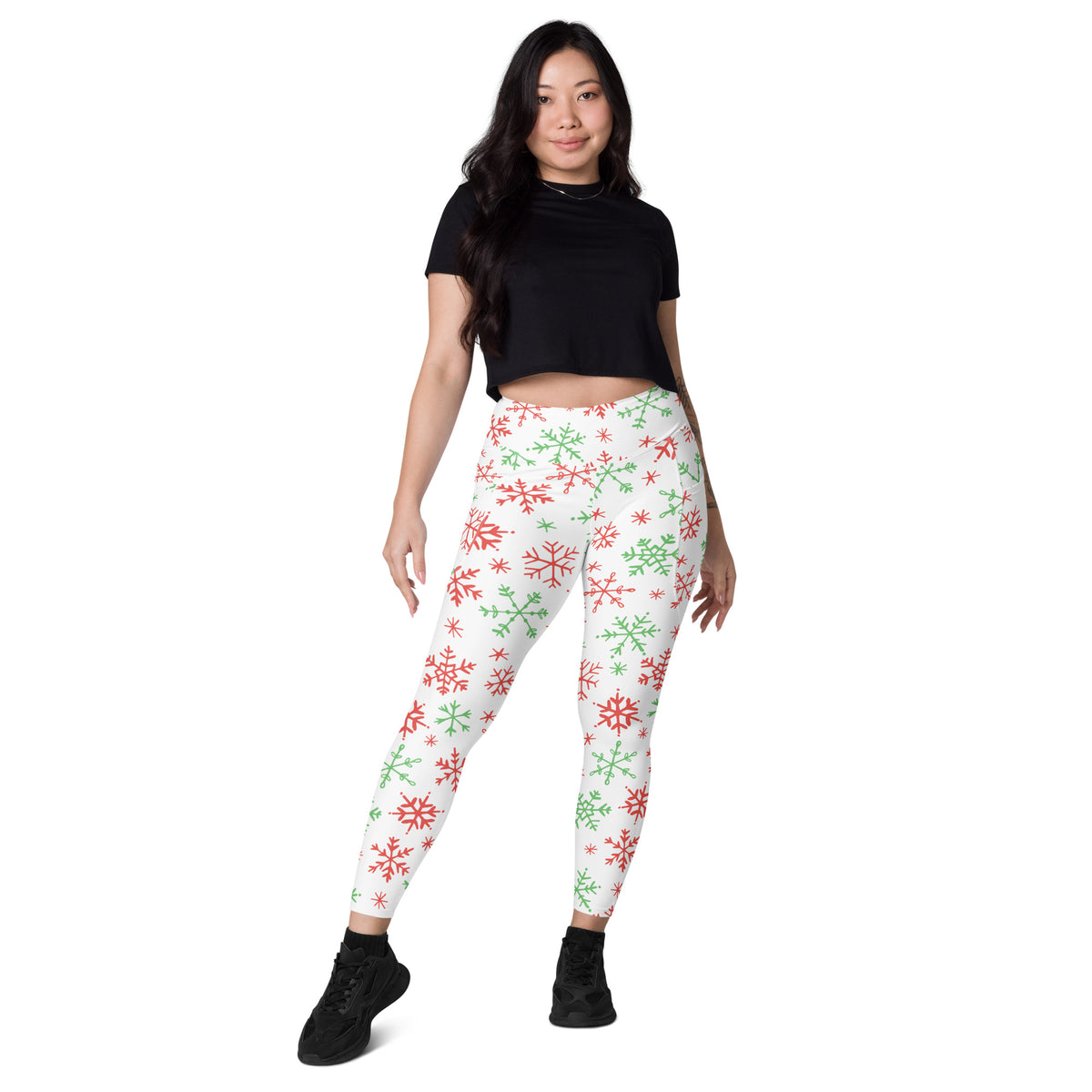 Women’s Red & Green Snowflake Christmas Yoga Leggings With Pockets – High-Waisted, Soft Compression Active Pants